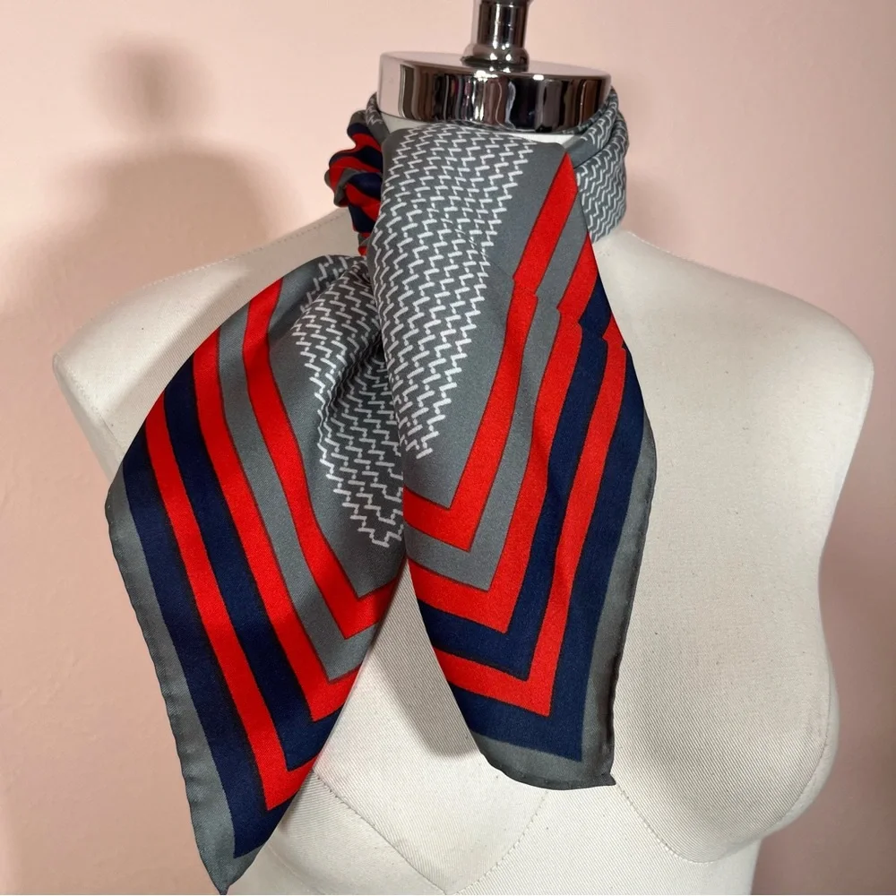 Vintage 1970 Mod Red Grey Art deco Geometric Striped Nautical  Square Scarf